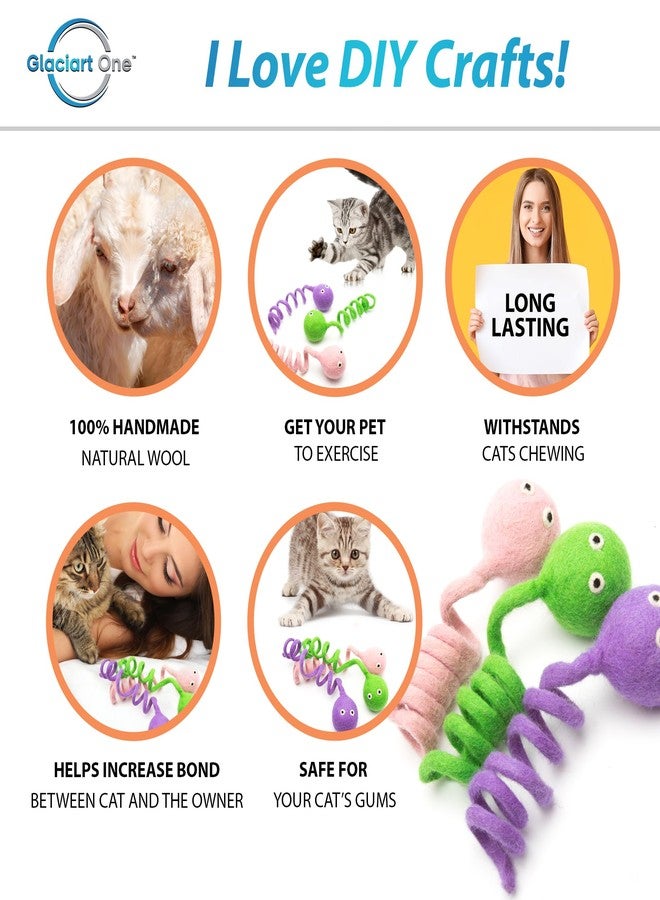 Glaciart One Felt Spring Cat Toy – 3 Pcs Soft Fuzzy Enrichment 100% Natural Wool - Interactive Stretchable Play Set - Safe for Pets, Non-AZO Colored Dyes - 4” Long - Image 2